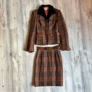 Vivienne Westwood Red Label Vintage Orange Pink Tweed Faux Fur Collar Skirt Suit